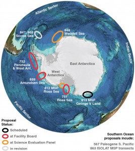Locations and status of proposed IODP expeditions, February 2016. Map updated from SCAR PRAMSO (Scientific Committee on Antarctic Research, Paleoclimate Records form the Antarctic Margin and Southern Ocean) workshop document, August 2014.