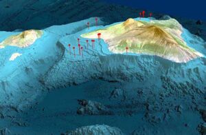 Expedition 389 drill sites shown on a 3D bathymetric map of Hawai'i.