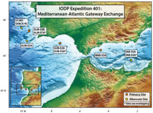 Map of primary and alternate drilling sites for IODP Expedition 401: Mediterranean-Atlantic Gateway Exchange