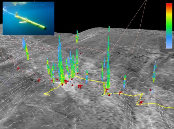 Backscatter seafloor map showing location of doppler sonar acoustic anomalies from AUV interpreted as methane bubble plumes on the Costa Rican margin. Multi-colored columns represent bubble plumes interpreted from 30 kHz MBES.