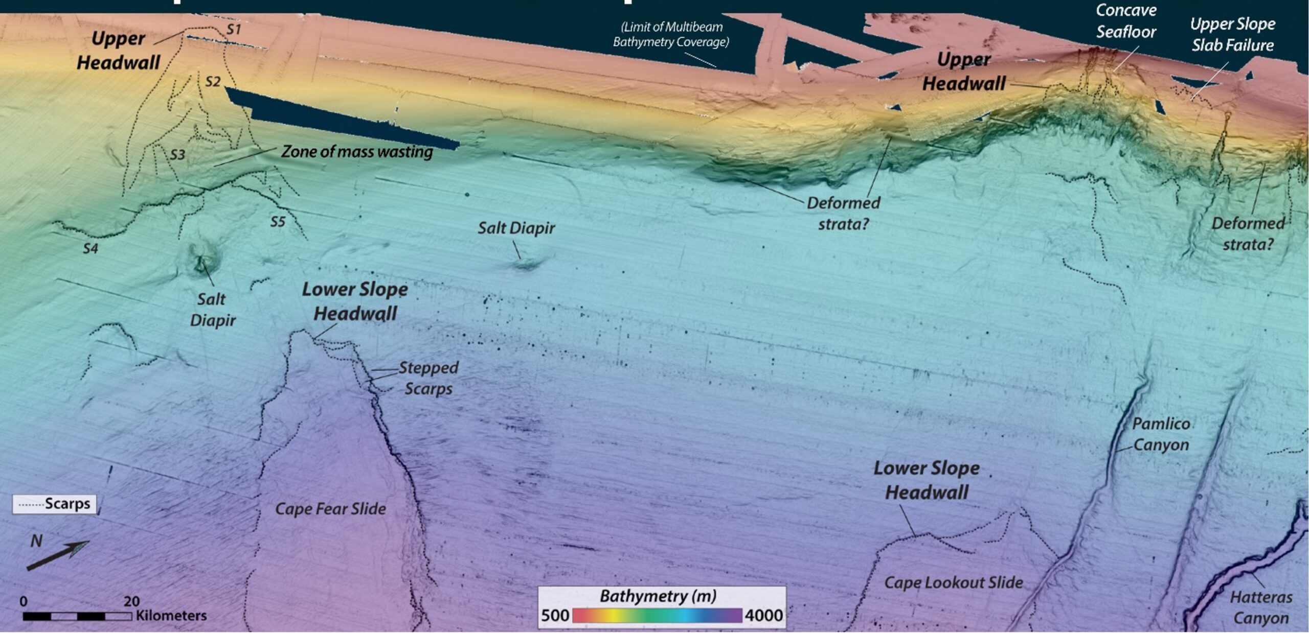 Bathymetry in the vicinity of the Cape Fear Slide showing headwall, scarps, and other features. Figure courtesy of J. Hill.
